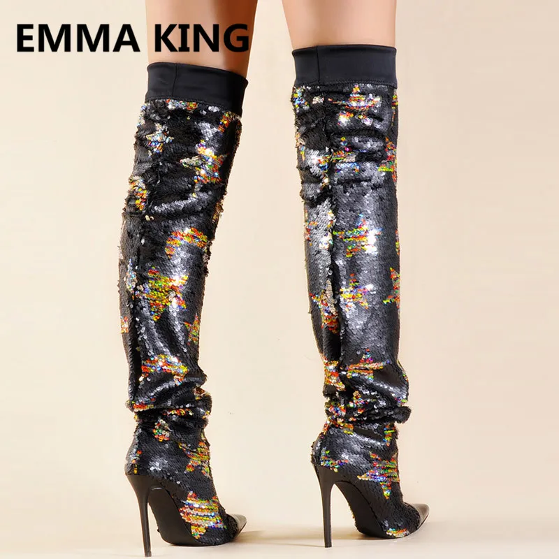 Блеск Bling Star Moon принтами женские ботфорты выше колена острый носок пикантные туфли на высоком тонком каблуке женские высокие сапоги до бедра