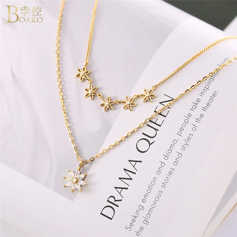 

BOAKO Gold Color Flower Necklaces Pendants with High Quality Cubic Zircon Bohemian Necklace Double Layered Multilayer Necklace