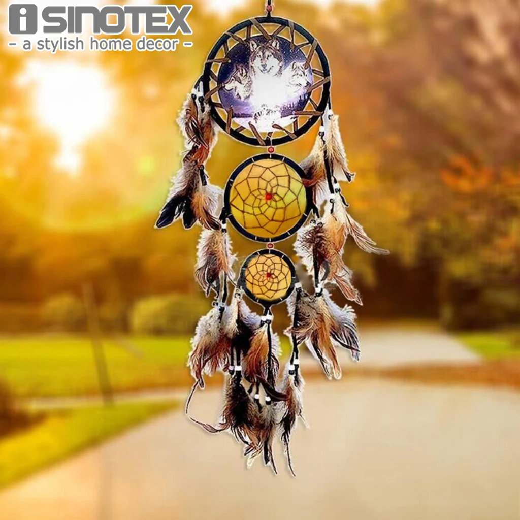 Us 4 79 Wolf Totem Indian Dream Catcher Handmade Wall Hanging Pendant 3 Circular Net With Feathers Christmas Decoration New Year Gift In Wind Chimes
