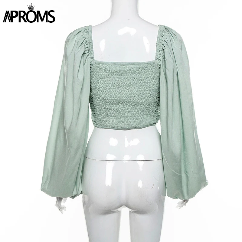  Aproms Vintage Square Neck Lantern Sleeve Blouse Shirt Women Ruched Pleated Short Blouses Streetwea