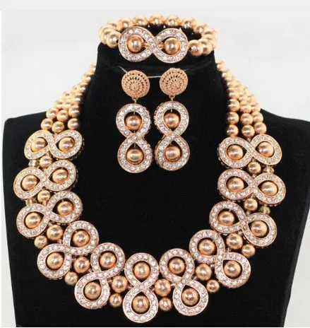 

Chunky African Wedding Necklace Set Fantastic Copper Gold Fashion Beads Jewelry Set Women Dubai Gold Bridal Jewelry Set ABH578