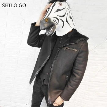 

SHILO GO Leather Jacket mens Winter Fashion sheepskin genuine leather coat hooded Casual loose zipper warm coat