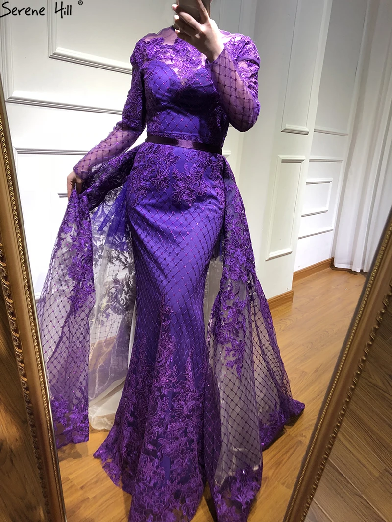 Новые фиолетовые длинные рукава Модные Вечерние Платья Аппликации блестками трапециевидной формы Сексуальное вечернее платье настоящая фотография LA6548