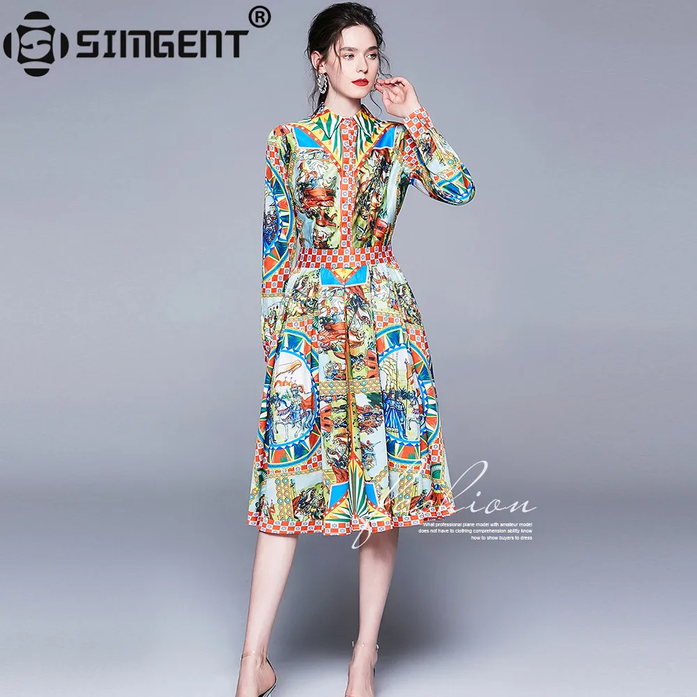 

Simgent 2019 New Arrival Fashion Vintage Turn Down Collar Blouse Printing Midi Womens Dresses Vestidos Jurken Robe Ete SG95292