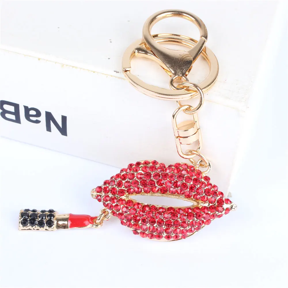 Red Lip Lipstick Pendant Charm Rhinestone Crystal Keyring Key Chain