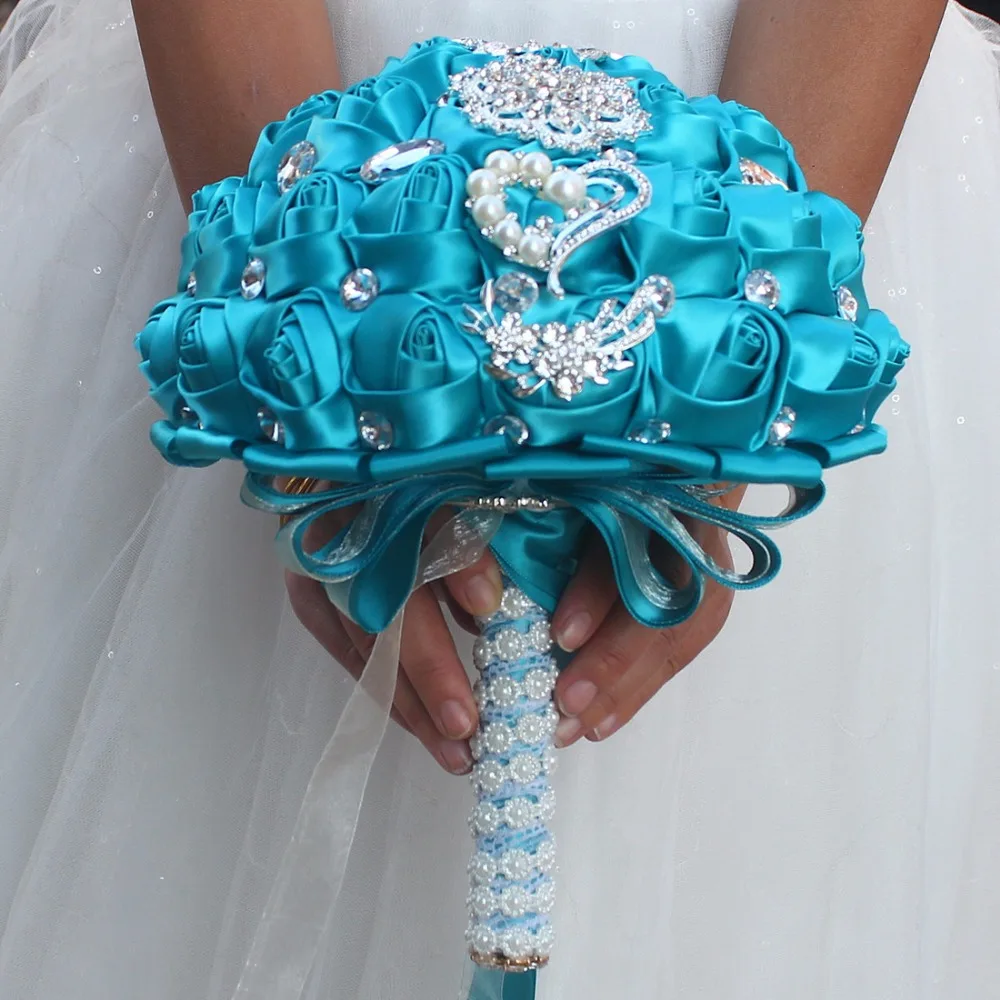 

New arrived Sapphire blue brooch bouquet Silk Bride Bridal Wedding Bouquet Bridesmaid royal blue Cloth roses Customizable diamon