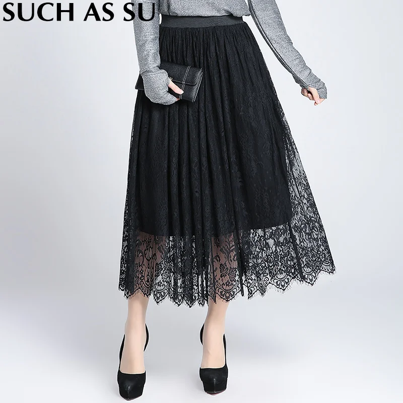 2017 New Fashion Lace Skirt Women's Black Patchwork Elastic High Waist ...