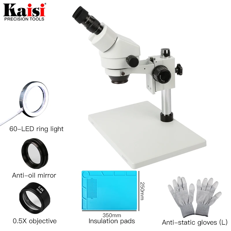 

Binocular Industrial Stereo Microscope 7-45X Continuous Zoom with big size metal stand Includes 0.5X Objective LED Ring Light