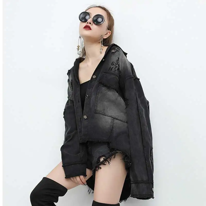 Women Black Riped Punk Denim Jacket Loose Jeans Vintage Casual Street Harajuku Coat Female Casaco Feminino | Женская одежда