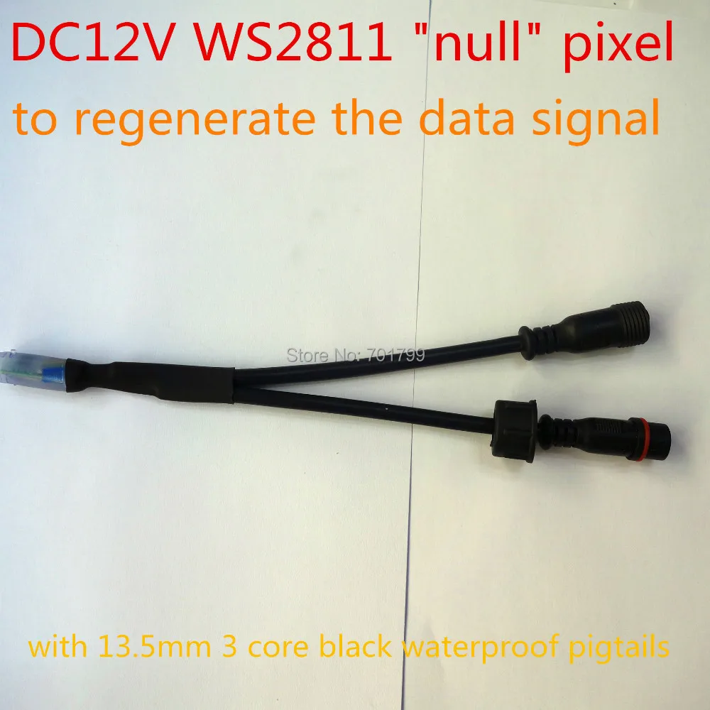 

DC12V WS2811 "null" pixels to regenerate the data signal with 13.5mm 3 core black waterproof pigtails