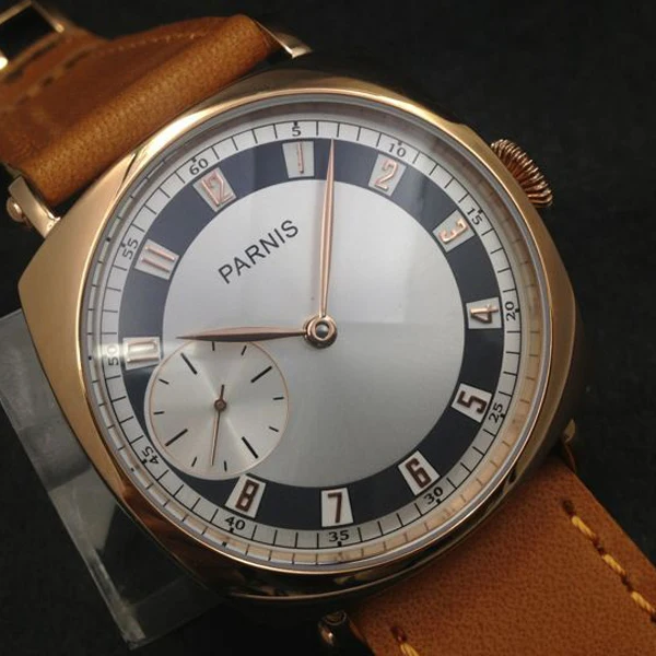 Hot Sell 44mm Parnis SeaGull 3600 Hand Winding Movement White Dial Golden Numbers Wrist Watch