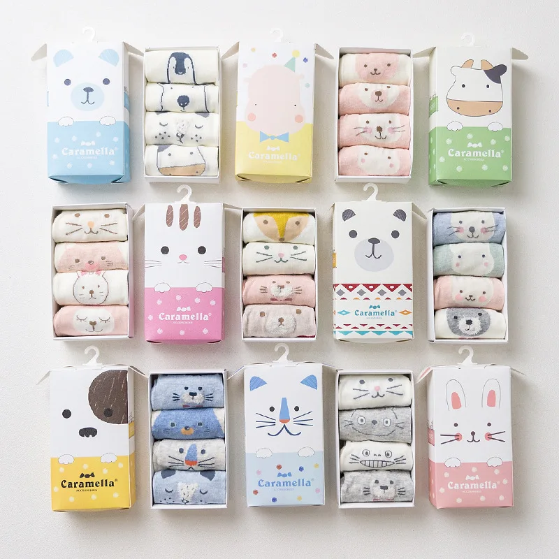 high quality women socks gift box 4 pair cute cat printed color cotton animals women fashion short lady ankle socks