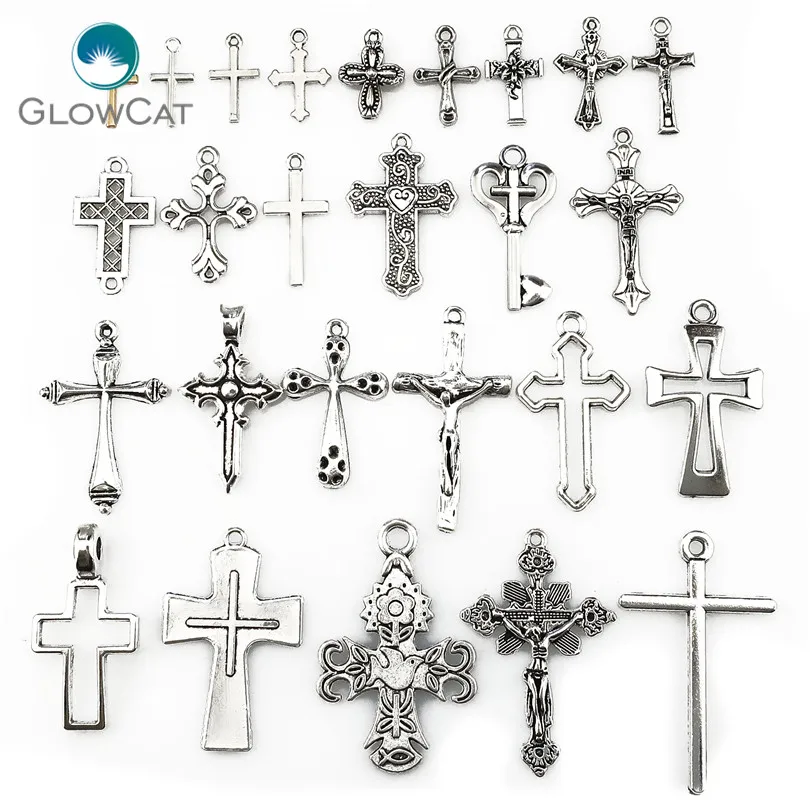 

MIX 26pcs/lot Vintage Silver Zinc Alloy Jesus Cross Pendant Religious Faith Charm Frame Jewelry Finding Making 22401