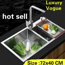 Квартиры пищевой 304 из нержавеющей долговечной стали роскошные кухонные ручная раковина двойной паз Горячая 72x40 см