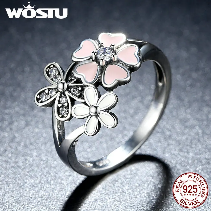 WOSTU 100% 925 Sterling Silver Poetic Daisy Cherry Blossom Wedding Rings For Women S925 Silver Ring Jewelry Lover Gift CQR004