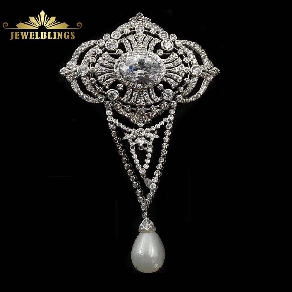 Kaufen Girandole Vintage Stil Triple Schleife Art Deco Oval Tropfen Brosche Silber Ton Mikro Pflastern Klar CZ Oval Baumeln Pins Edwardian schmuck