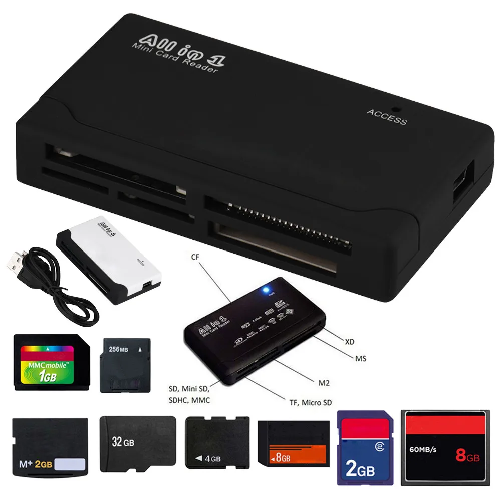 

All in 1 Multi LED Power Memory Card USB 1.1 USB 2.0 Reader For SD SDHC Mini Micro M2 MMC XD CF MS