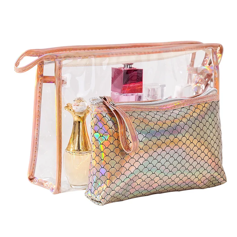 

New Fish Scale Laser Set PVC Cosmetic Bag Two Waterproof Travel Washing and Gathering Bags Zip Lock Plastic Bags