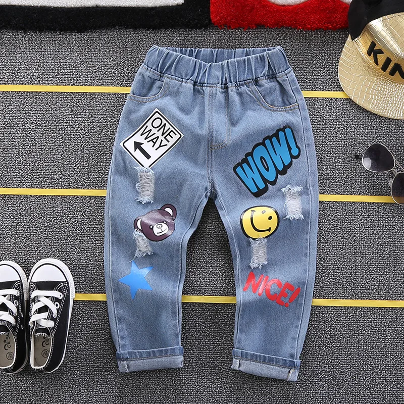 2018 Infant Boy Jeans Hole Jeans Pants Children Cartoon Kids Boys Jeans