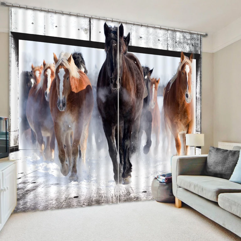 Curtain with Horses Print White Gracefulness Wellmira Ready Made 3D Living Room 