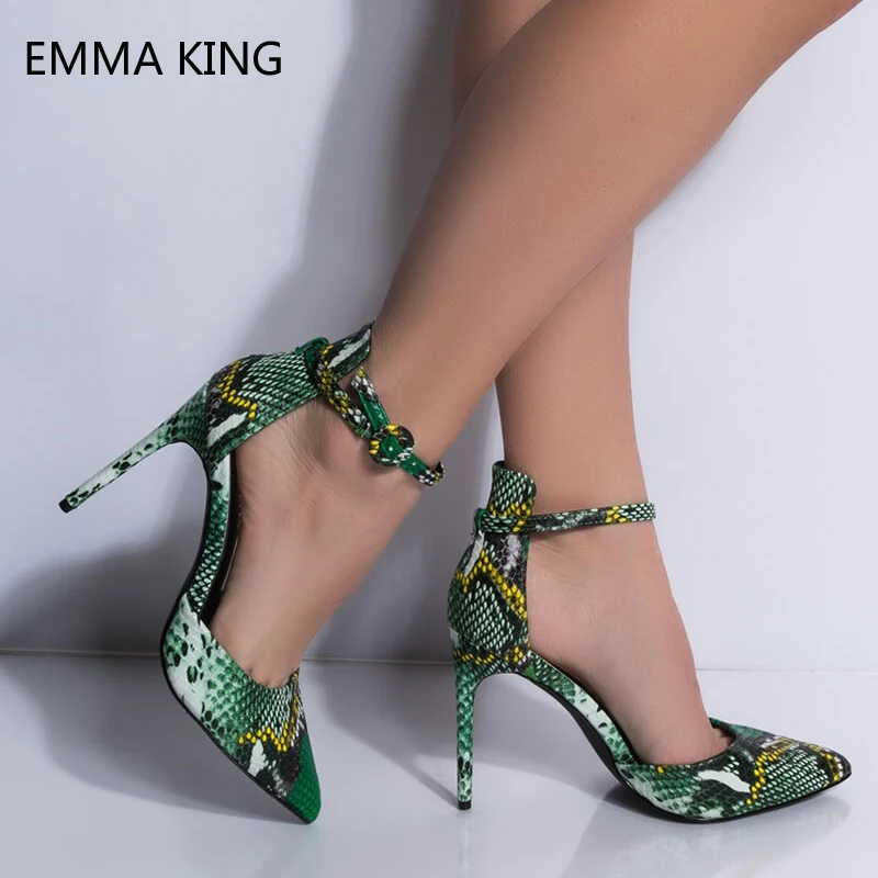 

Stiletto Heels 10 12cm Pointed Toe Buckle Strap Pumps Women Shoes Snakeskin Party Monster Summer Dress Shoes Large Size 35-43