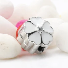 Подвеска из стерлингового серебра 925 пробы, Белый эмалированный цветок первоцвета, прозрачный CZ клипса фиксатор, браслет, Женские Ювелирные изделия для девочек