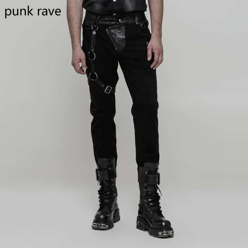 PUNK RAVE Men Punk Rock Pants Gothic Black Cotton with Leather Pants ...