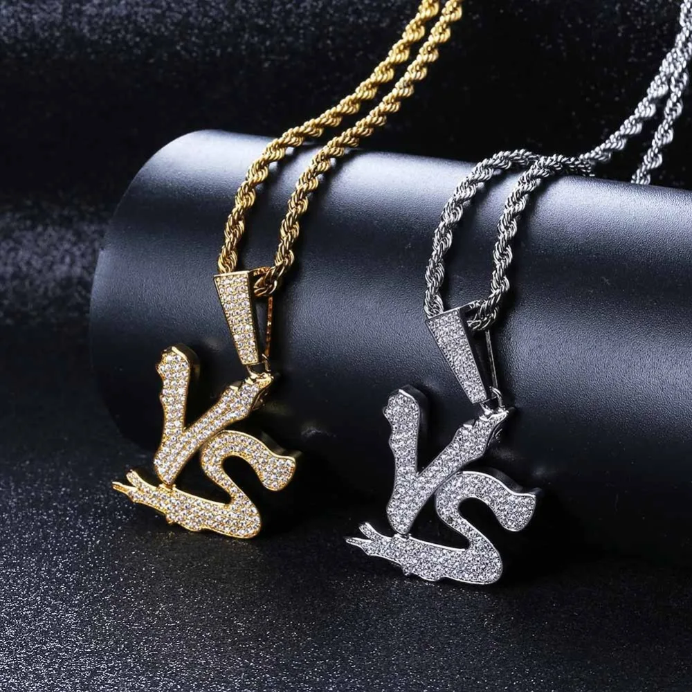 

Gold Silver Iced Out CZ Individuality Letter V S Pendants & Necklace Tennis Chain Charm Men's Hip Hop Punk Jwelry For Women