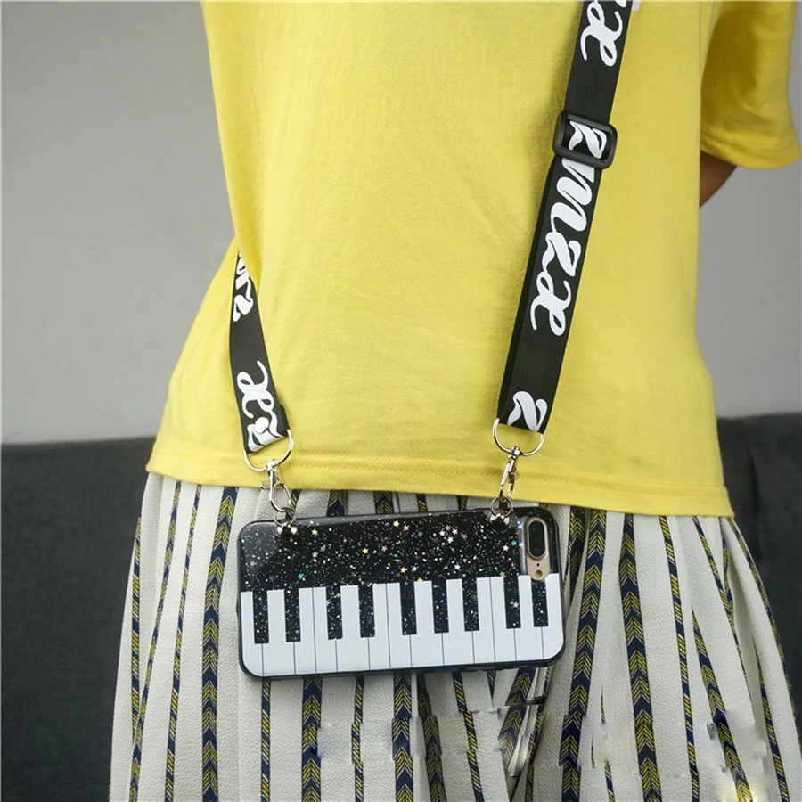 

For iphone 6 6s plus X 7 8 plus case cover glitter 3d relief piano with shoulder strap soft silicon protective phone bag Ritozca