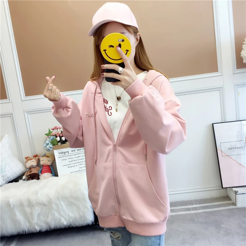 Женские толстовки Harajuku Ulzzang, милые женские пуловеры на молнии, корейский стиль, длинный рукав, с капюшоном, женские свитшоты