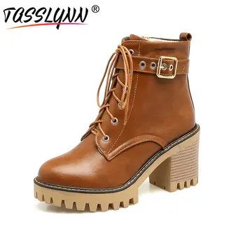 

TASSLYNN 2018 Autumn Women Boots Cool Buckle PU Woman Shoes Square Heels Ankle Boots Round Toe Fashion Casual Shoes Size 34-43