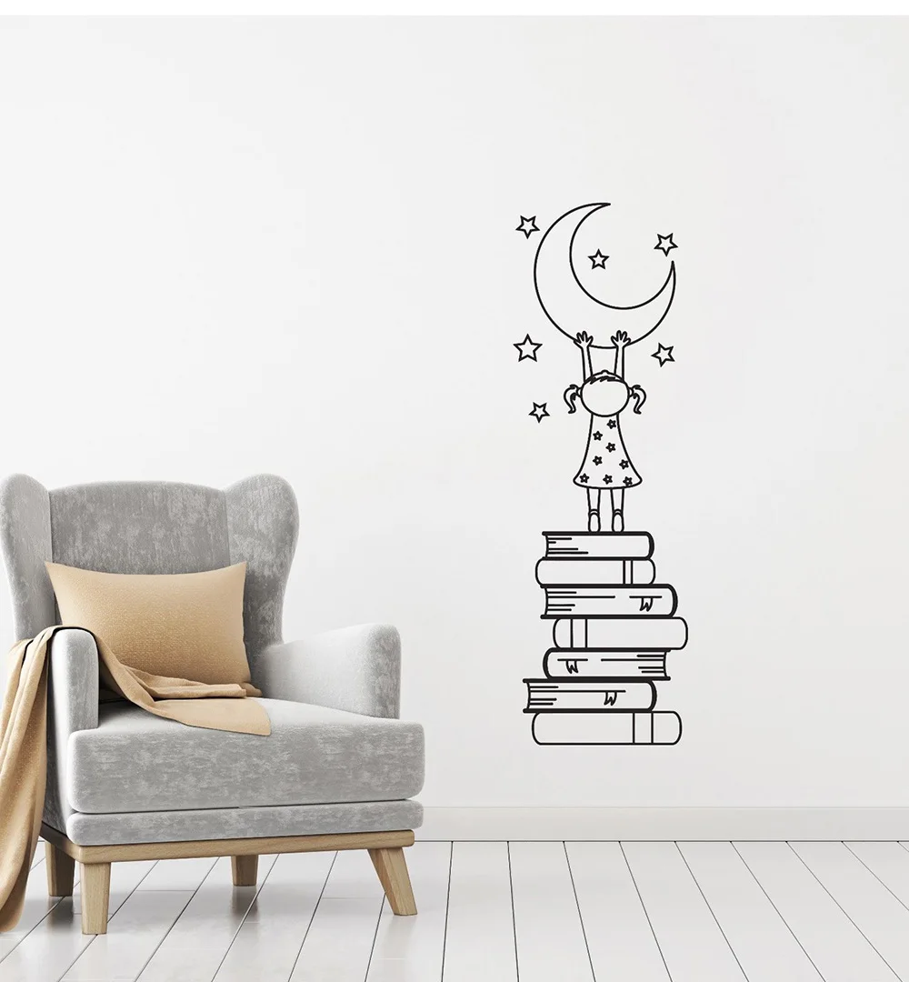 Виниловая наклейка на стену для книг с изображением луны и звезд для девочек, детская Наклейка на стену для чтения и чтения, декор для спальни, милый стикер s Z977