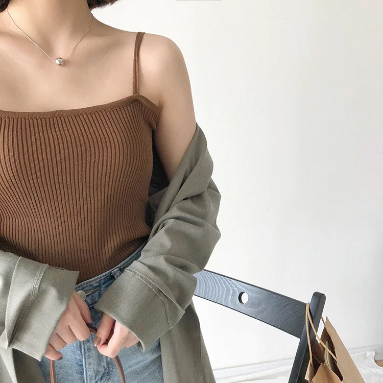 Яркие цвета Трикотажная майка на бретельках Женские Короткие топы Tamls Camis Camisole tank Moda Mujer вязаная футболка без рукавов жилет - Цвет: coffee tank