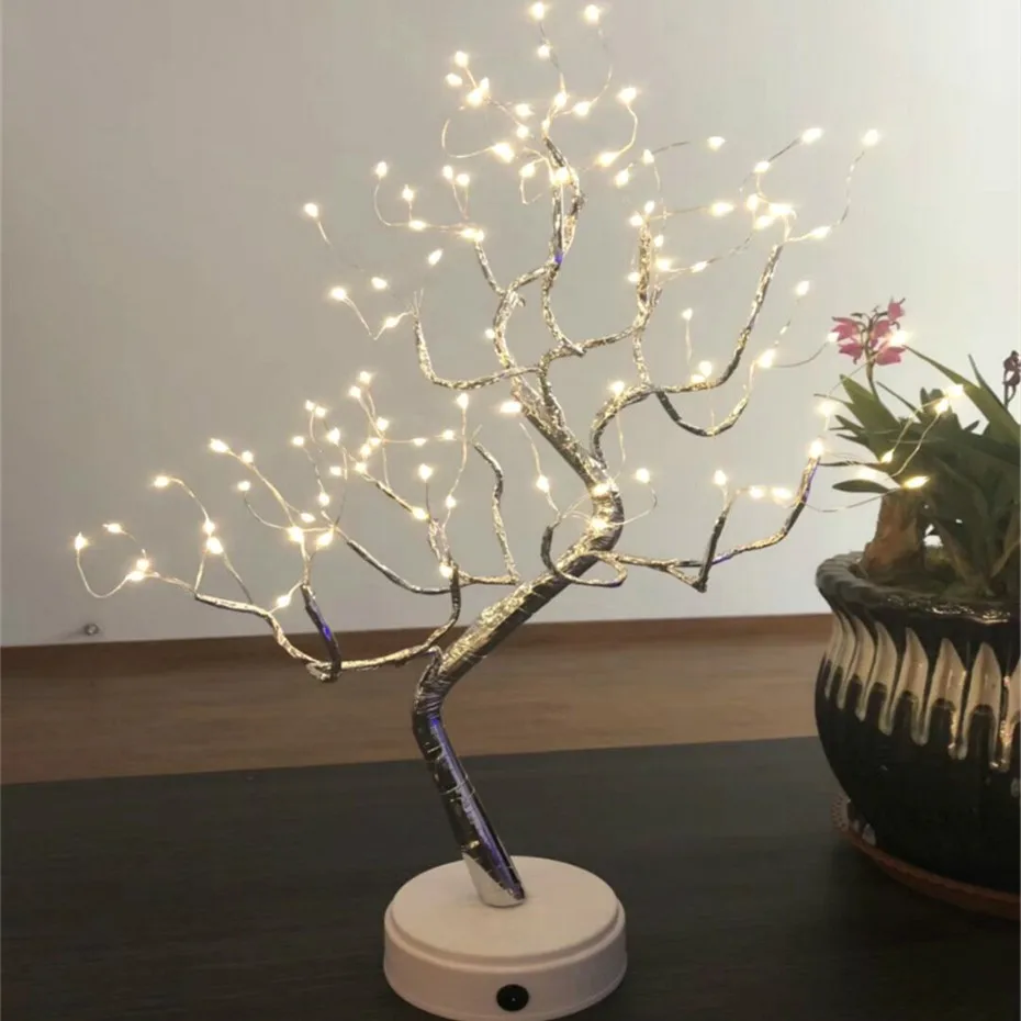 LED Tree Light Table Lamps 108 Bulbs Night light for Bedroom Wedding Party Christmas Decoration USB& Battery Copper wire Lights - Цвет абажура: Warm white