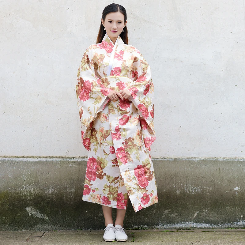 Kimono Dress Gril Japanese Style Bathrobe Woman Vintage Sakura Floral Print Yukata Haori Japan