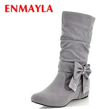 Enmayla осенние весенние туфли; женские праздничные повседневные туфли на плоской подошве складные сапоги Для женщин украшение в виде банта; Стиль из флока; женские полуботинки