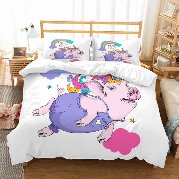 Cartoon Rainbow Kids Microfiber Bedding Set Duvet Cover Set Animals 3D Print Bed Linen Set Pillowcase Twin Full Queen Bedclothes - Color: Pig-7