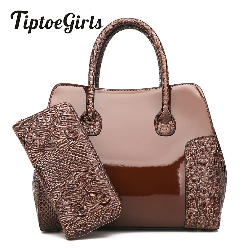 Bolsa de Couro Composto de Duas Bolsa de Moda Feminina + Carteira Tiptoegirls Patente Costura Serpentina Bolsa Peças Selvagem Casual