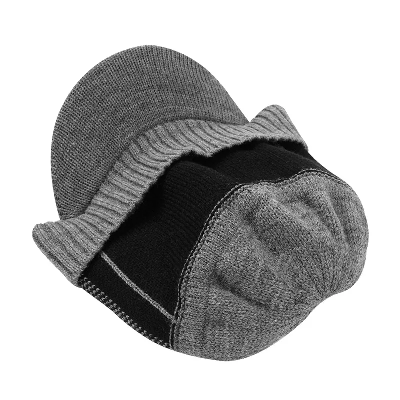 Warm Winter Men Hat Knit Cable Visor Male Beanie Fleece Lining Patchwork Beanie Stripe Newsboy Cap Outdoor Sport Adult Hat  (29)