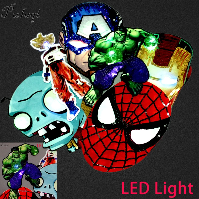 

Pulaqi The Avengers LED Sequins Patches Embroidered Sewing On Patch On Clothes Cartoon Patches For Clothing Kids Applique Stripe