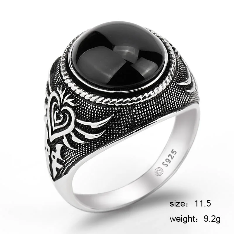 925 пробы Серебряное мужское кольцо с натуральным черным большим агатовым камнем кольцо на палец личность покер для мужчин хорошее ювелирное изделие