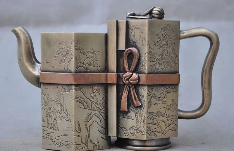 

6" old chinese White copper pine tree man statue taepot Tea set Wine pot Flagon