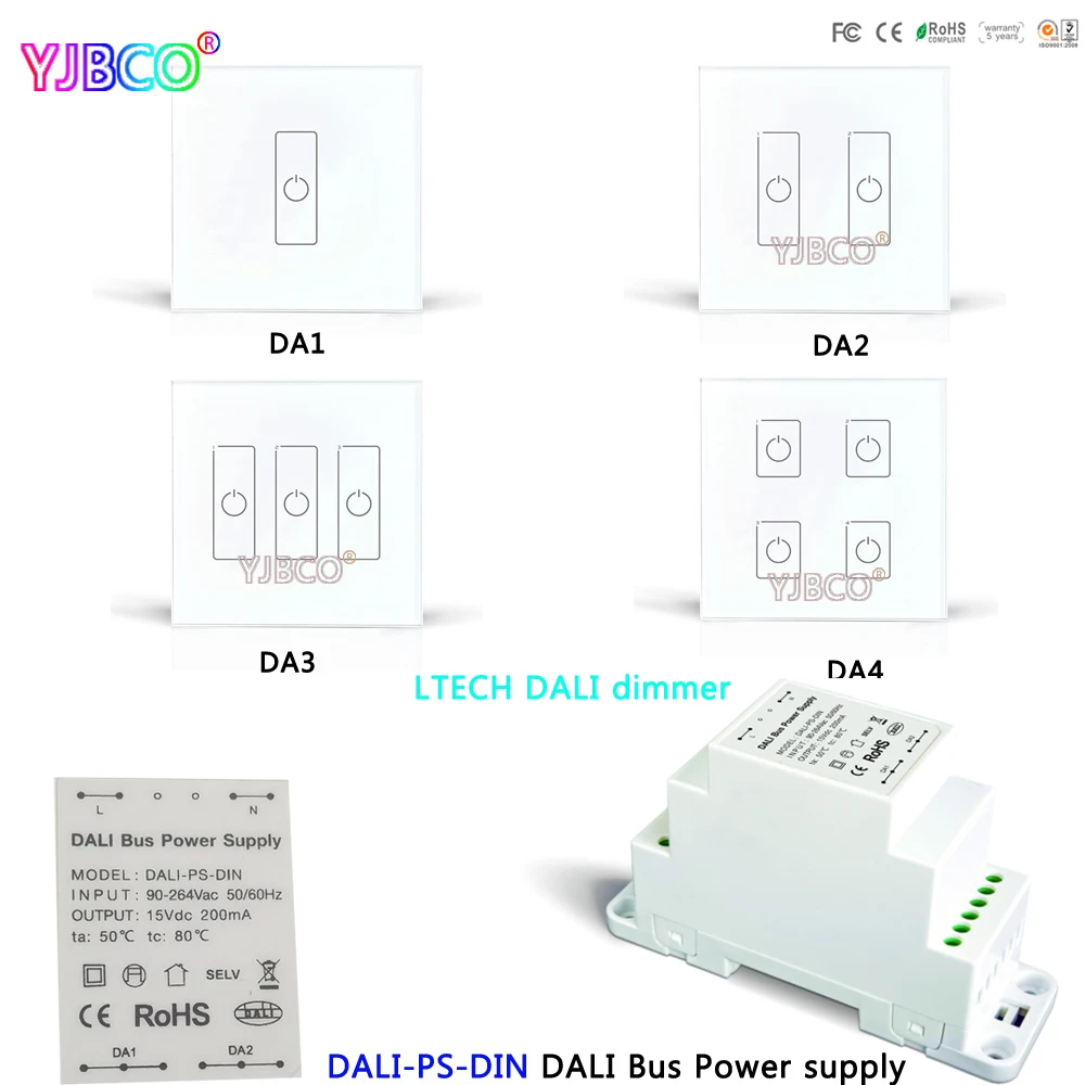 

LTECH DALI-PS-DIN DALI Bus Power supply Dimming Driver;DA1 DA2 DA3 DA4 DALI Touch Panel Switch Dimmer for LED Lamps