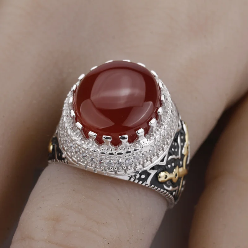 Женское кольцо с крупным красным агатом и двойным мечом|stone silver rings|stone men ringsstone ring |