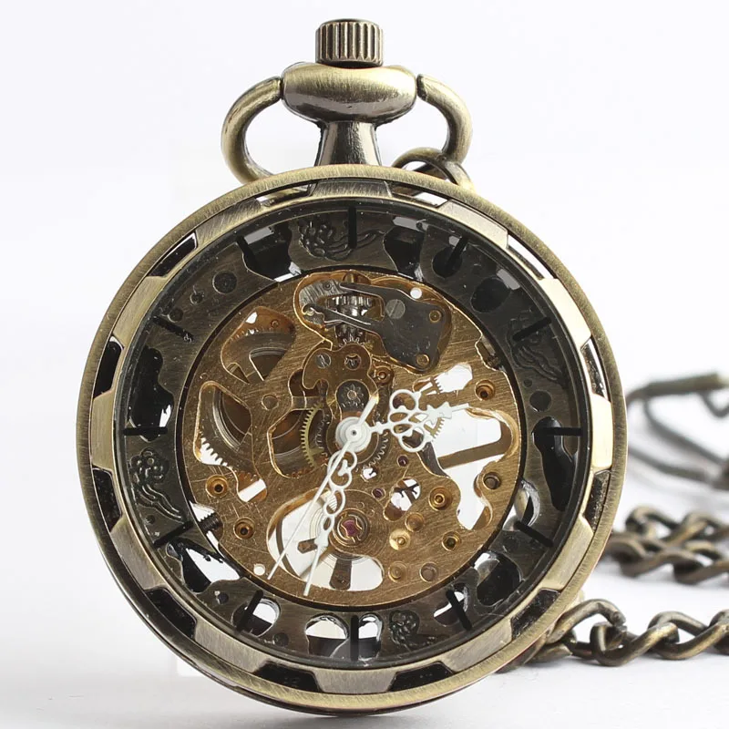 

Antique Vintage Mens Bronze Skleton Mechanical Pocket Watch Hand Wind Watches with 37CM Chain Relogio bolso #92722