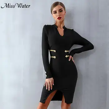 

Miss Water Newest Celebrity Party Bodycon Bandage Dress Women Long Sleeve V-Neck Button Sexy NightClub Dress Women Vestidos