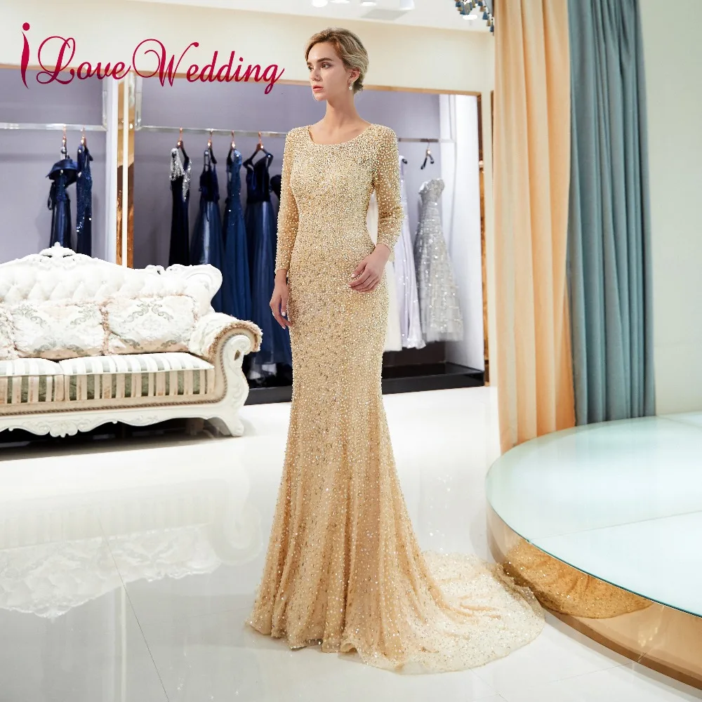 ILoveWedding самая красивая одежда с длинным рукавом Вечерние платья Сирень Тюль Beadings Сексуальная О Назад Русалка Вечерние платья 2018