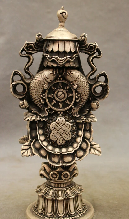 

JP S0114 10" Chinese Silver Buddhism Vajra Auspicious Symbol JiXiang Fish Statue Set Discount 35%