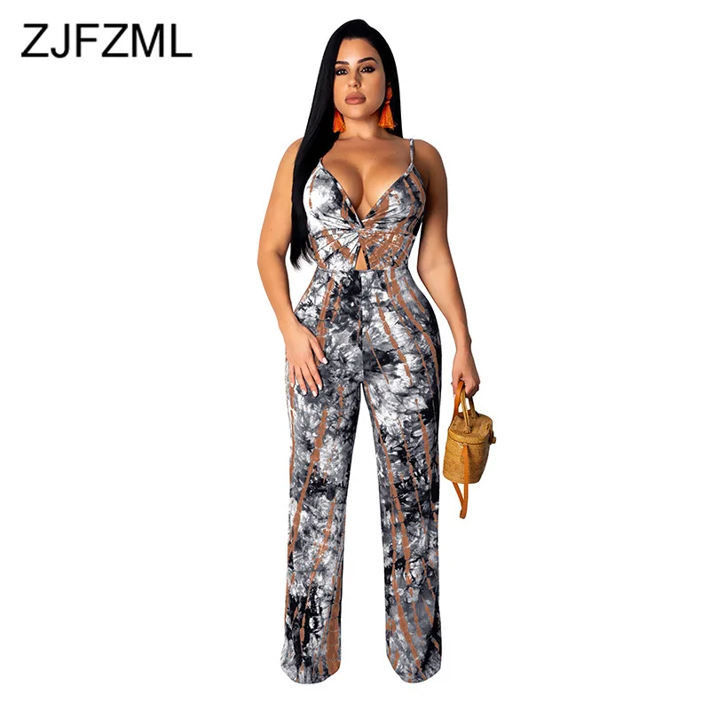 

Colorful Tie Dye Sexy Party Jumpsuit Women Spaghetti Strap Sleeveless Wide Leg Romper Summer Front Cross Backless Beach Overall