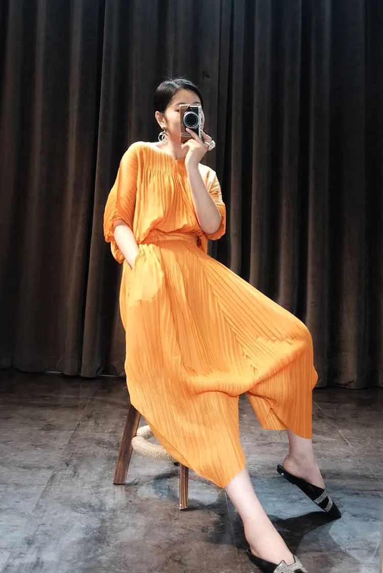 Miyake Fold костюм женский летний костюм из двух предметов западные брюки с эффектом старения модные тонкие брюки костюм